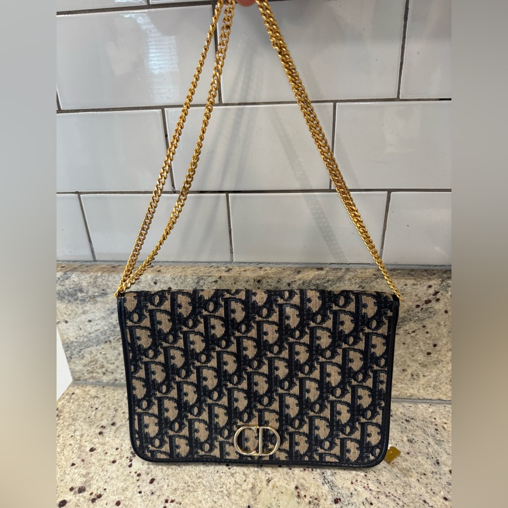 Christian Dior Trotter Chain Shoulder Bag CD Logo Navy Canvas Vintage Authentic - Picture 1 of 8